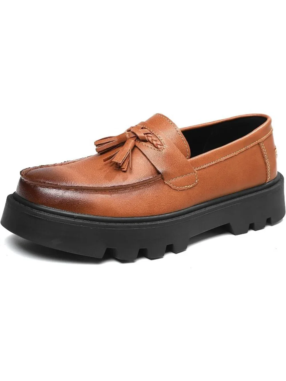 Men's Light Brown Patent Leather Loafers Chunky Heel Tassel Slip On Dress Shoes